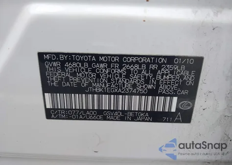 2010 Lexus Es 350 z USA, uszkodzony, nr VIN JTHBK1EGXA2374750